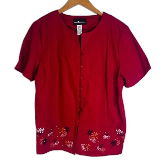 Sag Harbor NWT Red Embroidered Linen Blend Button Front Boho Top Size Large - Picture 1 of 12